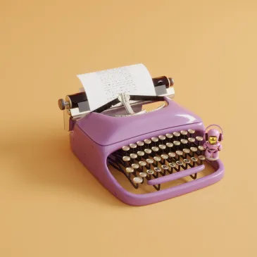Purple typewriter with paper and a small astronaut figure.