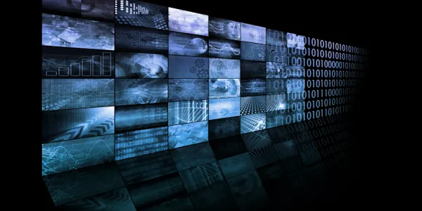 Digital data and binary code visualization.